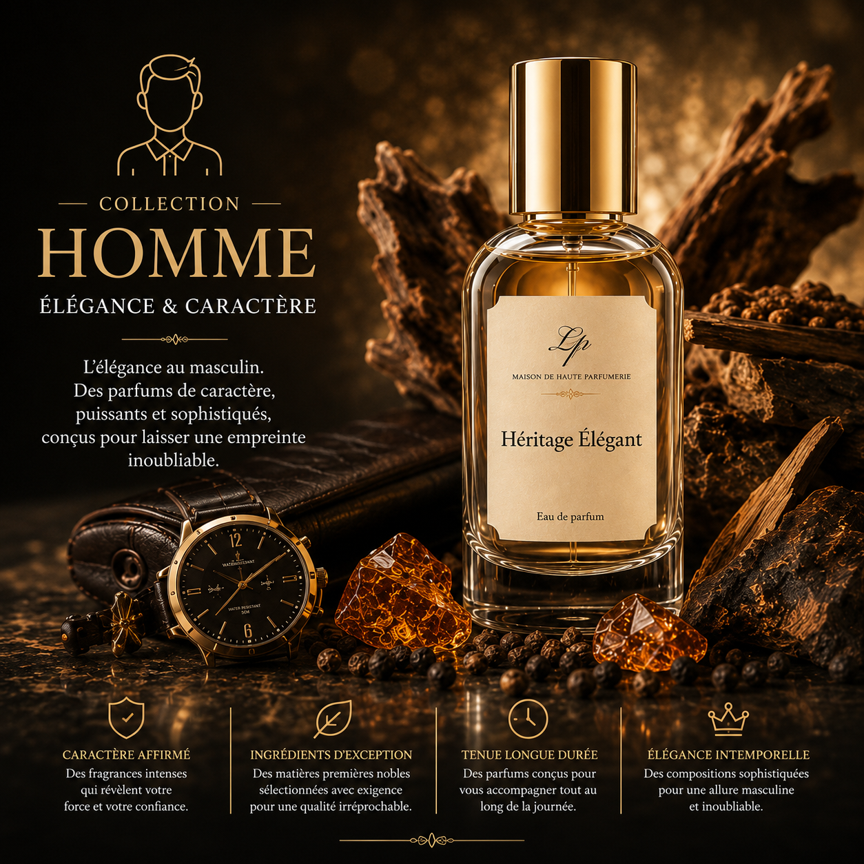 L'élégance au masculin. Des parfums de caractère, puissants et sophistiqués, conçus pour laisser une empreinte inoubliable.