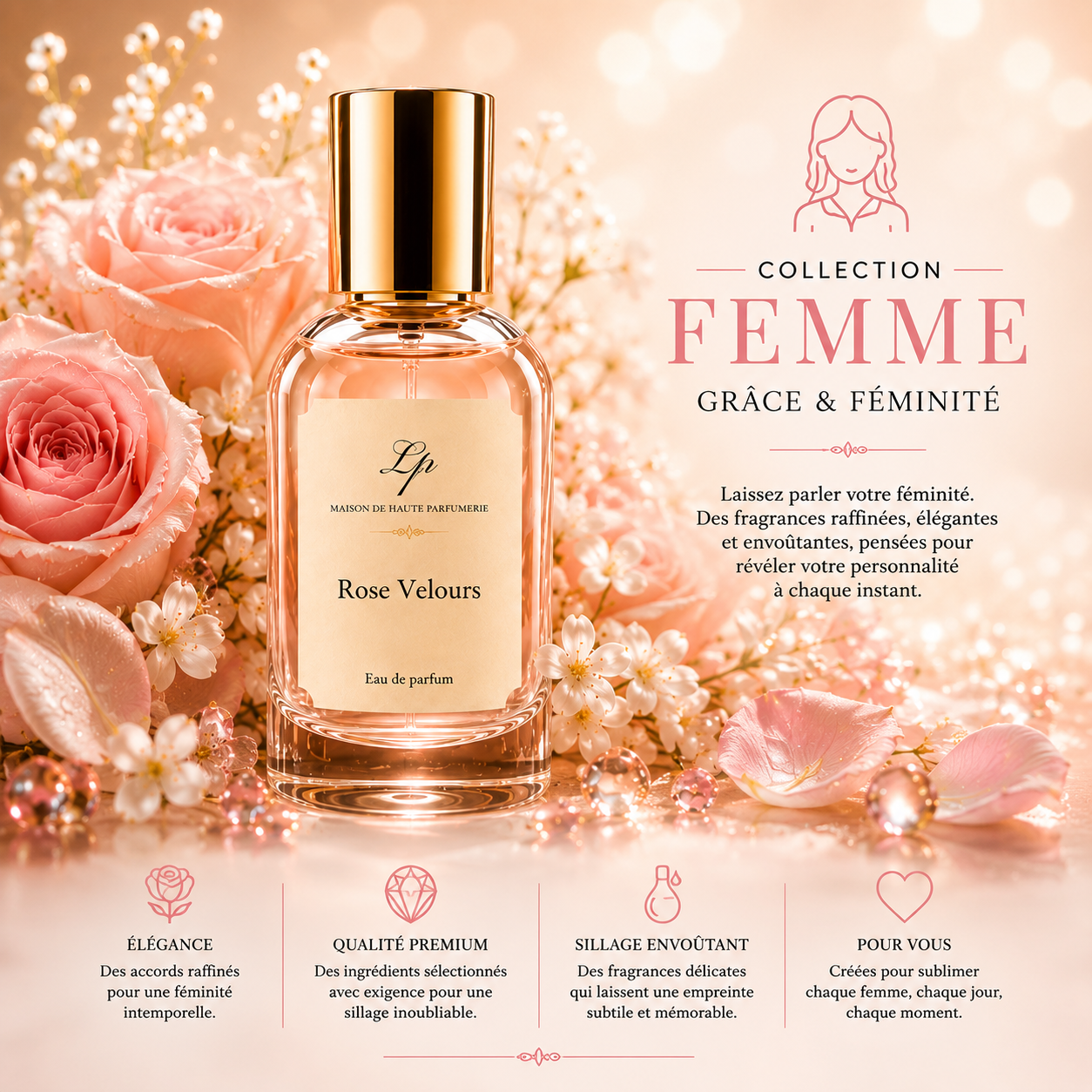 Laissez parler votre féminité. Des fragrances raffinées, élégantes et envoûtantes, pensées pour révéler votre personnalité à chaque instant.