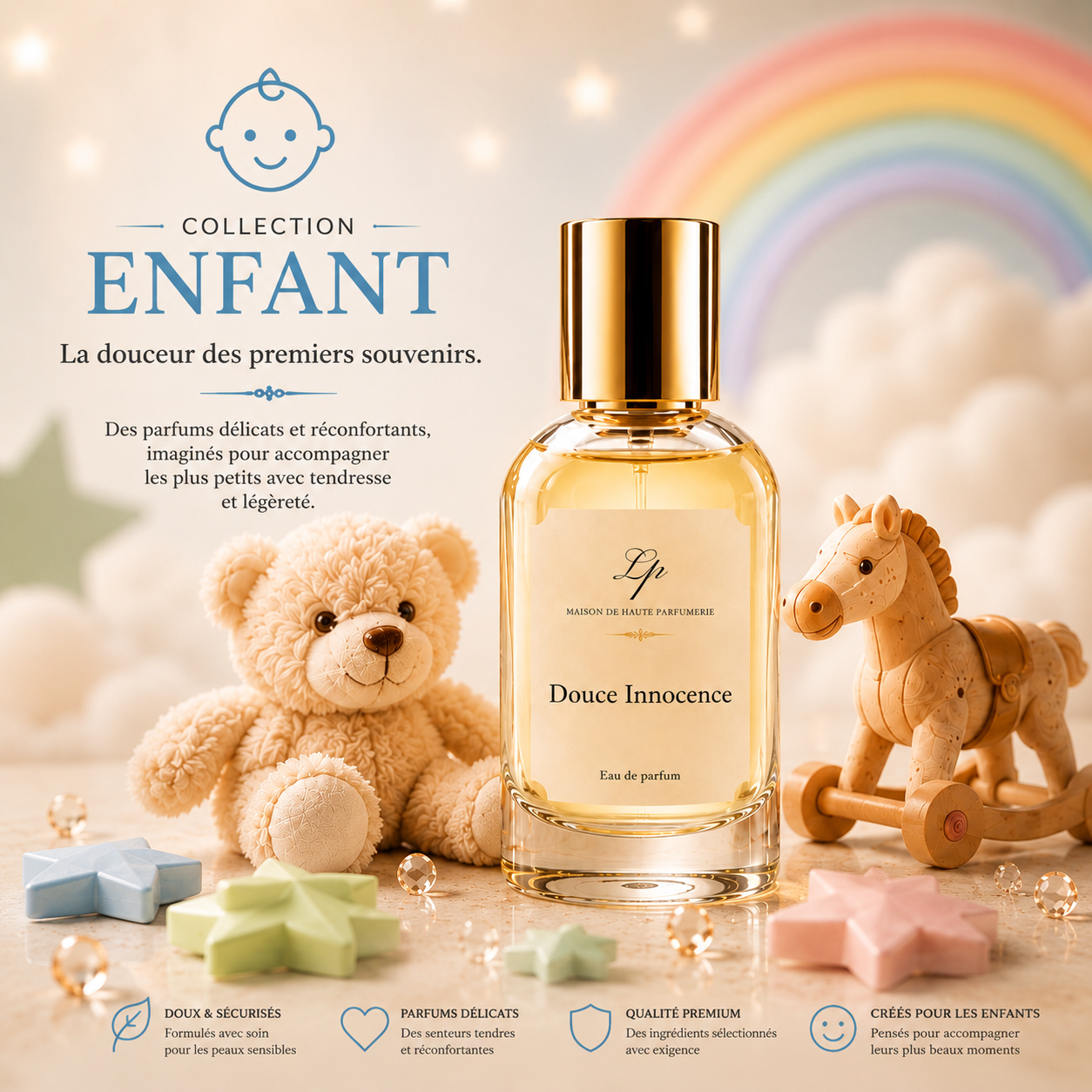 La douceur des premiers souvenirs; Des parfums délicats et réconfortants, imaginés pour accompagner les plus petits avec tendresse et légèreté.
